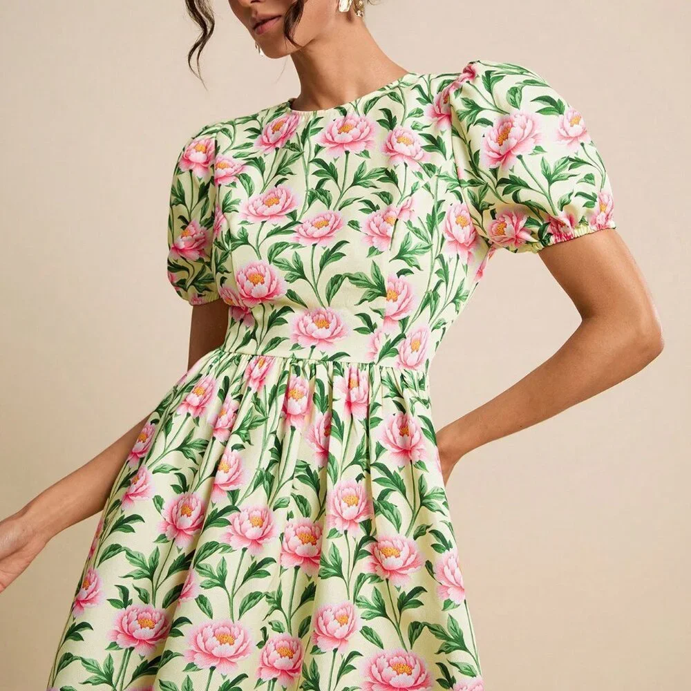 Yellow Boho Women's Floral Print Round-Neck Puff Sleeve A-Line Midi Dress_3